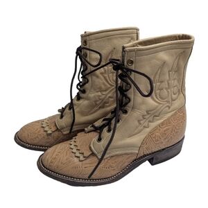Larry Mahan Vintage Women Tooled Leather Lace-Up Western Boots Size 7.5